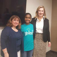 <p>Jothi Ramaswamy, the 14-year-old founder of ThinkSTEAM, middle, with Tierney Saccavino of Acorda Therapeutics, and Patricia Viggiano of Lakeland High School.</p>