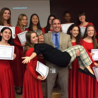 <p>The 2015 National Honor Society for Dance Arts inductees celebrated their induction with Superintendent of School James Kaishian and dance teacher Diane Guida.</p>