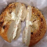 <p>The &quot;everything&quot; bagel with veggie cream cheese at Bagelicious.</p>