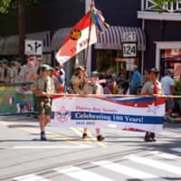<p>Darien Boy Scouts march in the 2015 Memorial Day parade</p>