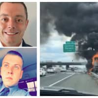 <p>Jordan Reed, top left, and Daniel O&#x27;Beirne jumped into action to save a truck driver whose body became engulfed in flames in an NJ Turnpike crash Oct. 5.</p>