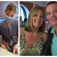 <p>Lori Van Bever, pictured on the right in the left photo, has recovered from coronavirus in time to spend her 11th wedding anniversary at the hospital where she met her husband, David Van Bever.</p>