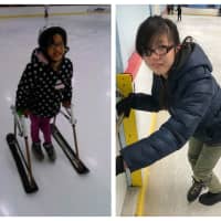 <p>Kateri Sullivan, 13, struggled to make her way around the rink at  Fritz Dietl in Westwood after officials barred her adaptive walker from the ice. Left: Kateri uses her adaptive walker at a different rink.</p>
