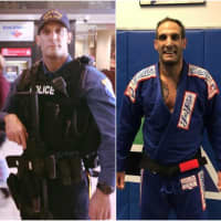 <p>Paramus Detective Mark Pinajian at work, left, and moments after earning his black belt in Brazilian Jiu Jitsu, right.</p>
