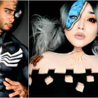 <p>Left: Kevin Saenz of Bergenfield as &quot;Venom&quot; and right: Erika Galloza felt inspired by Savlador Dali, so she painted herself.</p>