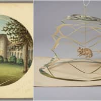 <p>Cobweb valentine card. Probably British, ca.1830-1860. Pull a string attached to the castle, and an ingenious cobweb device lifts to reveal a mouse in a trap.</p>