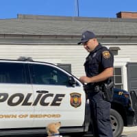 <p>Bedford Police officer Joe Sagliano works on basic obedience skills with future BluePath service dog Maverick</p>