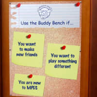 <p>Meadow Pond Elementary School’s new Buddy Bench encourages students to reach out to new classmates, those looking to make new friends and those in search of new recreational activities.</p>