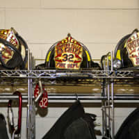 <p>Fire hats at the new Croton Falls firehouse.</p>