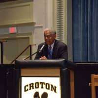 <p>Croton-Harmon Teacher Association President Ivelaw Carrington addressed staff members at the Superintendent’s Conference Day on Aug. 31</p>