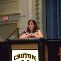 <p>Board of Education President Giuseppina Miller addressed staff members at the Superintendent’s Conference Day on Aug. 31</p>