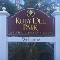 <p>The signage at Ruby Dee Park at the Library Green in New Rochelle.</p>