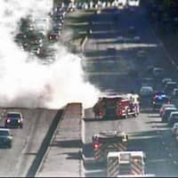 <p>Traffic is backed up after a car fire on I-95 southbound between exits 17 and 16 on Sunday afternoon.</p>