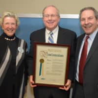 <p>Nancy Karch, Chair, NWH Board of Trustees, George Oros, County Executive Chief of Staff (holding proclamation) and Joel Seligman, President &amp; CEO, Northern Westchester Hospital.</p>