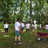 <p>Volunteers from AXA IM clear the land to make room for an outdoor classroom.</p>