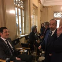 <p>A scene from Showtime&#x27;s &quot;Billions,&quot; which was filming at White Plains City Hall on Tuesday.</p>