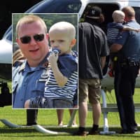 <p>Ridgewood PBA Local 20 requested the visit so that Cole – whose dad, Kevin (pictured), is a Ridgewood police officer and mom, Stephanie, a schoolteacher – could see the helicopter up close.</p>