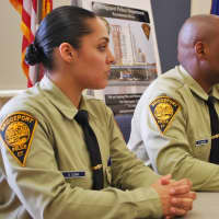 <p>Police recruits Ovelize Elana, Mathew Johnson and Cyndy Trinh talk with the media about their training and about diversity on the Bridgeport police force.</p>