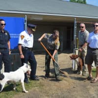 <p>Chief Animal Control Officer Jennifer Wallace breaks ground on the new dog play spaces at Bridgeport Animal Control, while Police Chief AJ Perez, third from left, and Mayor Joe Ganim, second from right, look on.</p>