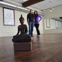 <p>Business partners Aidan Walsh and Lindsay Finkel in Active Life Fusions&#x27; new Chestnut Street yoga studio.</p>