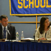 <p>Eric Byrne, left, is now Chappaqua&#x27;s acting superintendent after the school board accepted Lyn McKay&#x27;s resignation. Pictured at right is school board President Alyson Gardner.</p>