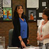 <p>Pam Harney, left, takes her oath of office of a trustee seat on Bedford Central&#x27;s school board. District. Carole LaColla, the district clerk, is pictured administering the oath.</p>