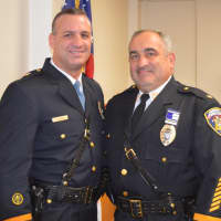 <p>Emerson Police Capt. Michael Mazzeo, left, with Chief Donald Rossi after being sworn in on Oct. 6.</p>