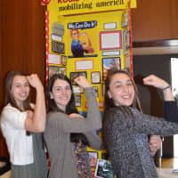<p>Rosie the Riveter project by, from left, Isabel Saltzman, Claire Graham and Hana Previte, all from Wilton</p>