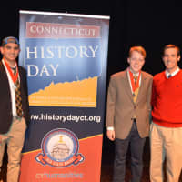 <p>Connecticut History Day project by, from left: Hari Nair, Patrick Moore and their teacher/adviser Kenneth Dunaj. Wilton History Club students were recognized at the Fairfield Regional Connecticut History Day Contest at Sacred Heart University.</p>