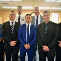 <p>New SBPD Officers Kimberly Diaz, Joseph Camilleri IV, Andres Morales, Anthony Davanzo, Attilio Dente Sr. REAR: Chief Robert Kugler, Mayor Robert White</p>