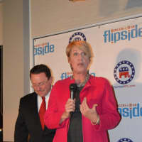 <p>State Rep. Laura Devlin thanks her supporters Tuesday after the polls closed in Fairfield.</p>