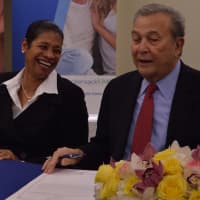 <p>Theresa de Leon, chairwoman of the Palisades Healthcare Systems Board of Governors, and Joe Simunovich, chairman of the Hackensack University Health Network.</p>