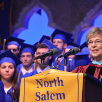 <p>North Salem High School Principal Patricia Cyganovich speaks at the 2016 commencement.</p>
