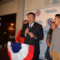 <p>Surrounded by his family, Fairfield state Sen. Tony Hwang thanks supporters gathered at Flipside after Tuesday&#x27;s election.</p>