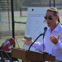 <p>Robert Labriola, a John Jay parent and boys varsity tennis coach, speaks at the dedication of the John Jay tennis courts.</p>