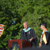 <p>Mayor Mark A. Lauretti speaks at the Shelton High graduation.</p>