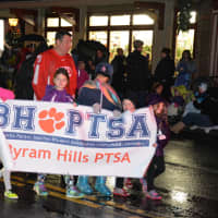 <p>Members of the Byram Hills PTSA march in the &quot;Frosty Day&quot; parade in downtown Armonk.</p>