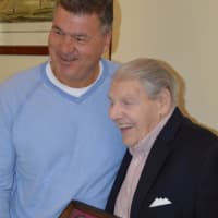 <p>John Gaes, a 92-year-old Stamford resident, receives his long overdue medals from his service in the U.S. Marine Corps during World War II. </p>