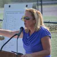 <p>Jenny Schnitzer, executive director of USTA Eastern, speaks at the John Jay tennis courts dedication.</p>