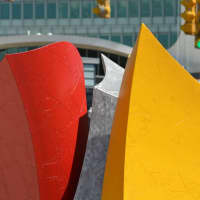 <p>Sculptures recently appeared in Downtown Stamford as part of a public art display. This sculpture was on display in front of the Ferguson Library.</p>