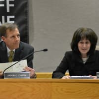 <p>Jason Chapin and Elise Kessler Mottel, pictured at their final meeting as New Castle Town Board members.</p>