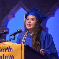 <p>Catherine Budd, valedictorian for North Salem High School&#x27;s Class of 2016, delivers her address at the commencement.</p>