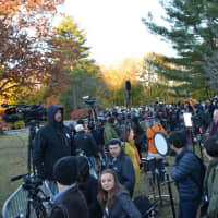 <p>Reporters and cameramen gather in a press pen in front of Chappaqua&#x27;s Douglas G. Grafflin Elementary School. The journalists gathered in anticipation of Hillary Clinton&#x27;s arrival to cast her presidential vote.</p>