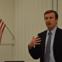 <p>U.S. Sen. Chris Murphy talks with students of the Future Business Leaders of America Club at Norwalk High School Thursday morning. </p>