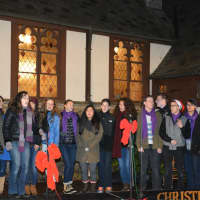 <p>Members of the Treble Makers, which is John Jay High School&#x27;s coed a cappella group, perform at the tree and menorah lighting event in Katonah.</p>