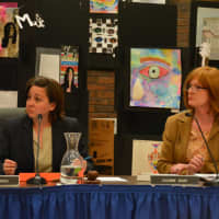 <p>Incumbent Bedford Central school board members Jennifer Gerken and Suzanne Grant, pictured at the board&#x27;s election-night meeting. Gerken and Grant, along with fellow incumbent Michael Solomon, were unseated by the voters.</p>