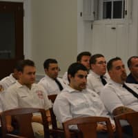 <p>Firefighters at a recent Bedford Town Board meeting. The subject was whether to install a stop sign near the Bedford Hills firehouse.</p>