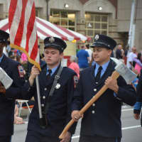 <p>Putnam Lake firefighters march in the Mahopac Fire Department&#x27;s dress parade.</p>