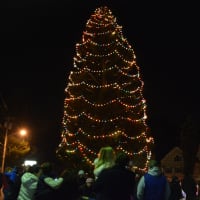 <p>Spectators gathered by the Christmas tree in downtown Katonah moments after it is lit for the 2015 holiday season.</p>