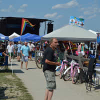 <p>People celebrate Blues on the Beach in Stratford.</p>
